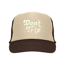 Load image into Gallery viewer, FREE &amp; EASY DON&#39;T TRIP EMBROIDERED TRUCKER HAT IN TAN/BROWN