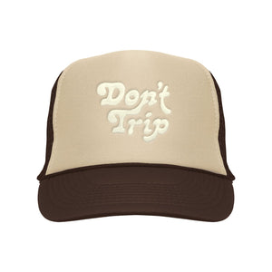 FREE & EASY DON'T TRIP EMBROIDERED TRUCKER HAT IN TAN/BROWN