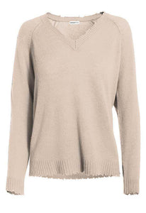 Minnie Rose Cashmere Distressed V-Neck Sweater