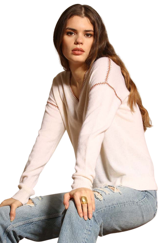 Minnie Rose Cashmere Whip Stitch V Neck Sweater